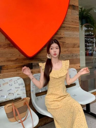 Actual shot 2024~The Past in Southern France Yellow Floral Strap Dress Women's Summer A-Line Waist Slimming Long Dress