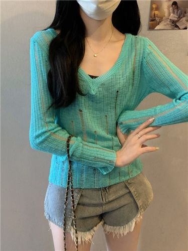 Actual shot of Pure Desire v-neck long-sleeved knitted blouse for women, lake blue hollow hole layered thin sun protection top