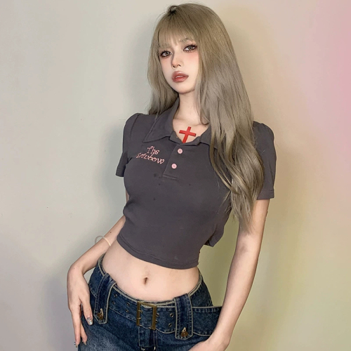 Fashion super hot Korean new sweet and spicy style POLO collar short-sleeved top with big bow tie at the back and navel-baring T-shirt for women