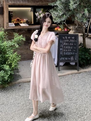 Actual shot of fresh and gentle style lace-up puff sleeve dress for women summer apricot temperament mid-length skirt