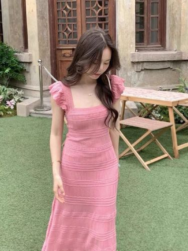 French Cherry Blossom Pink Sleeveless Waist Square Neck Dress for Women to Show Their Figures and Temperament Summer Gentle Style Chic Long Skirt