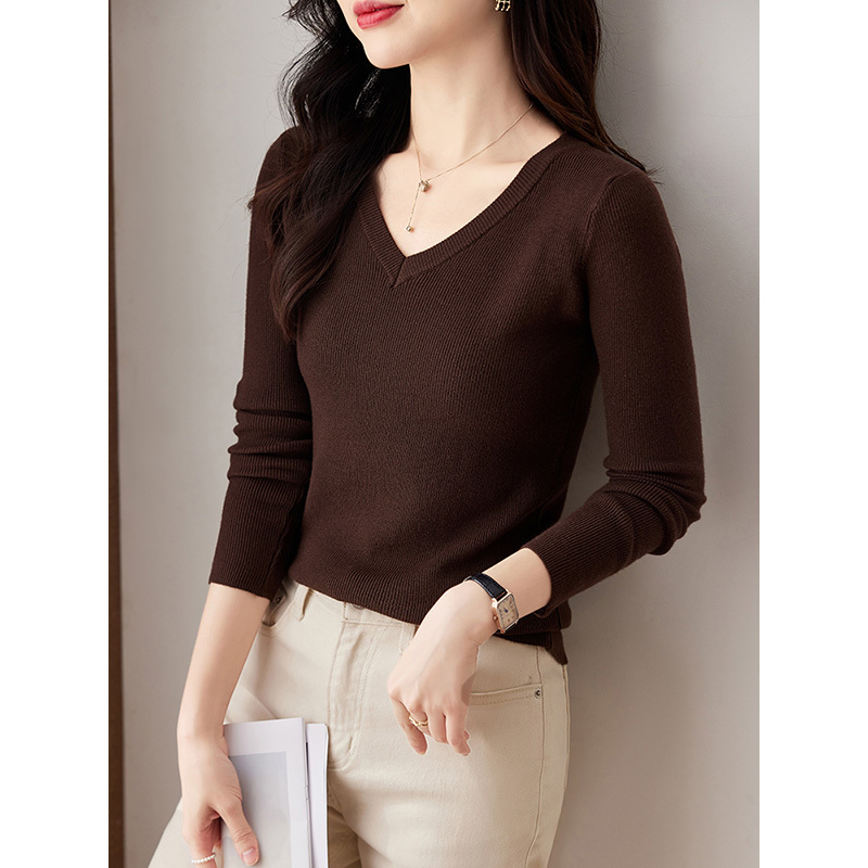 ◆V-neck sweater for women, autumn and winter design inner top, fashionable and versatile long-sleeved bottoming shirt