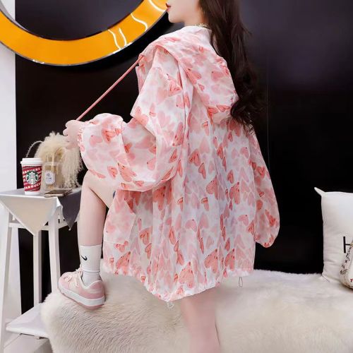 Korean style ins style super fairy heart full printed cardigan sun protection summer large size medium long thin jacket top