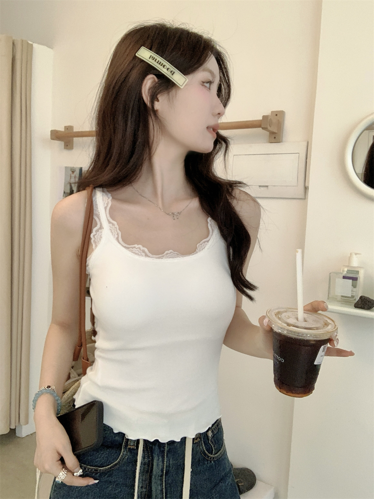 實拍 夏季韓版修身性感蕾絲拼接帶胸墊純棉吊帶背心內搭上衣