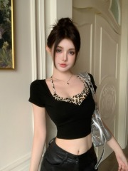 Real shot pure desire short sleeve strap two-piece leopard print hot girl style short top set 