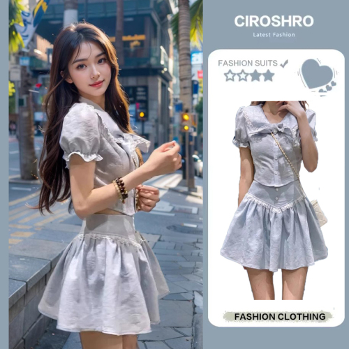 Summer new style French tea break lace double-collar short shirt + ruffled A-line skirt two-piece suit for women