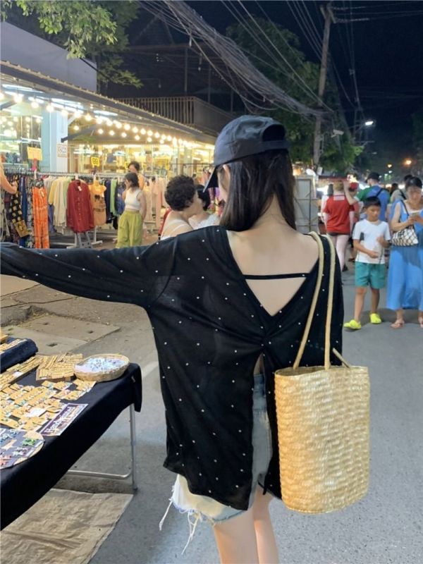 Already shipped Designed slit polka dot long-sleeved T-shirt women's summer thin slightly see-through sun protection cover-up