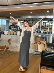 Real shot of large size gray slim fit knitted suspender dress white long-sleeved sun protection shirt