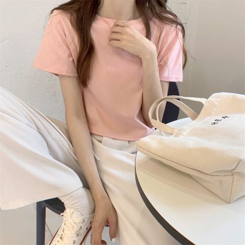 100% cotton short-sleeved loose casual basic candy solid color short top ins trend