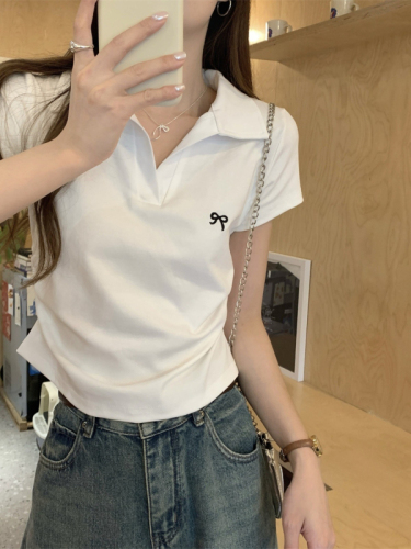 40 count cotton super popular design lapel bow embroidered T-shirt for women petite pleated right shoulder short top