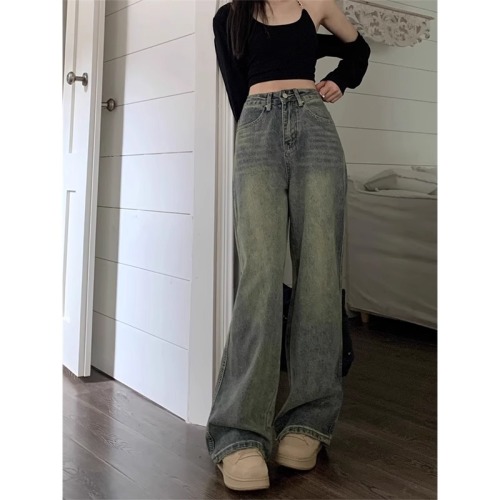 American distressed high-waisted jeans for women in autumn, washed large-size flesh-covering high-waisted wide-leg pants, slimming, loose straight-leg pants