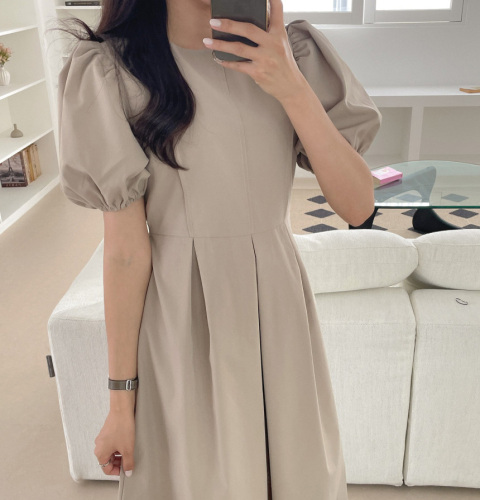 Korean Dongdaemun elegant lady summer new solid color high waist puff short-sleeved dress