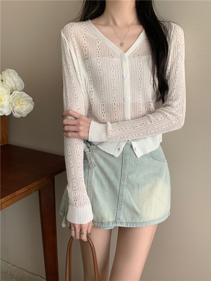Real shot, real new summer v-neck hollow thin sunscreen knitted cardigan top