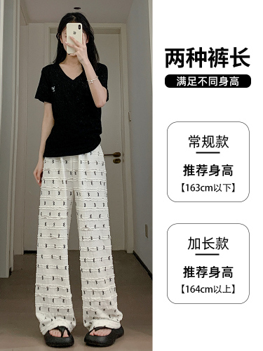 Lined bow wide leg pants for women summer ice silk high waist drape casual straight lace lazy striped pants