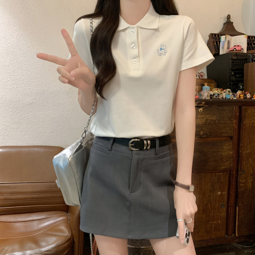 Actual shot of 220g water-soft double-sided short-sleeved T-shirt summer trend lapel embroidered right shoulder slim short top for women