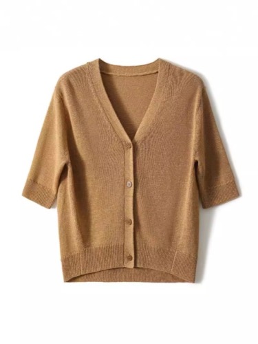 Xiaohangeい Comfortable cotton and linen~French elegant V-neck/mid-sleeve knitted cardigan ZWB563016MG