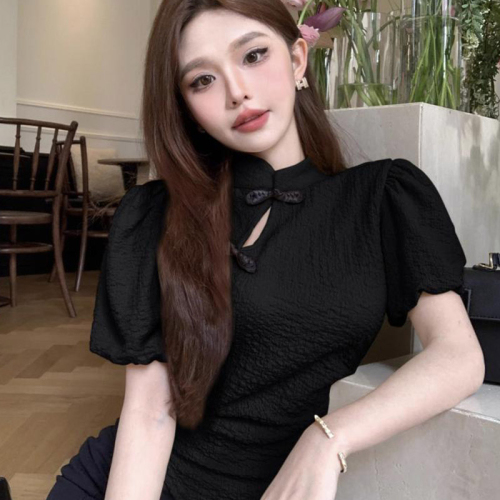 Fashionable and super hot new Chinese style improved buckle cheongsam short sleeve pure lust style puff sleeve thin shirt top