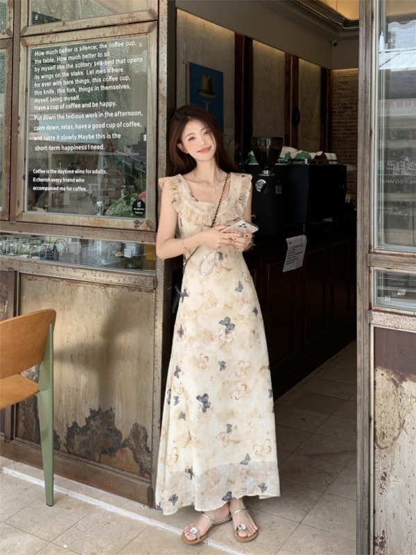Retro Butterfly Print Waist Dress Summer New French Ruffle Long Skirt