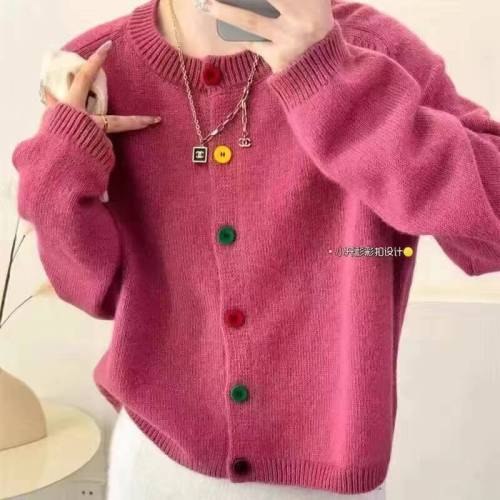 Korean age-reducing rainbow single-breasted round-neck wool knitted cardigan for early spring new lazy style niche pink sweater