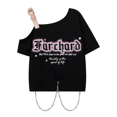 Original method American star letter printed short-sleeved women's sweet and cool style off-shoulder chain top