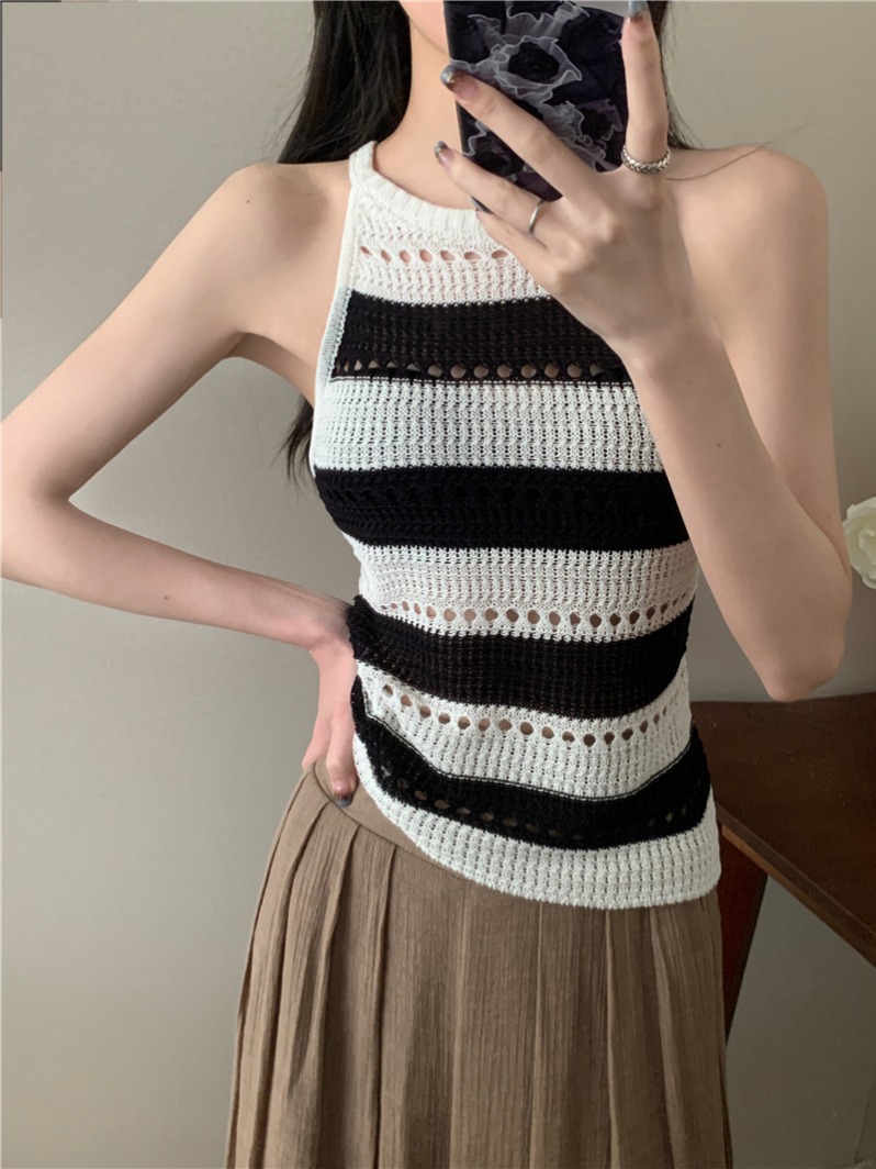實拍 真 夏季新款條紋吊帶背心修身顯瘦針織上衣女