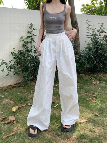 Real shot design of lazy style casual pants for women 2024 spring white pants wide leg pants loose drape floor mopping pants