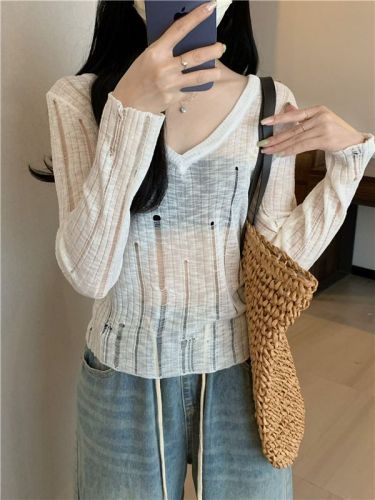 Actual shot of Pure Desire v-neck long-sleeved knitted blouse for women, lake blue hollow hole layered thin sun protection top