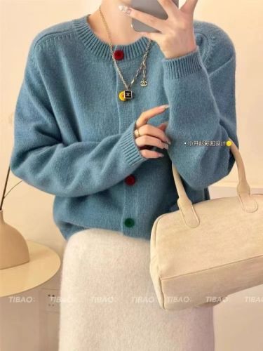 Korean age-reducing rainbow single-breasted round-neck wool knitted cardigan for early spring new lazy style niche pink sweater