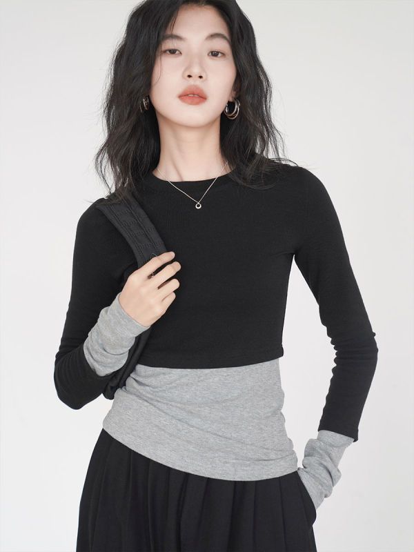 Layered contrasting color splicing fake two-piece T-shirt bottoming shirt autumn and winter new retro style top for women