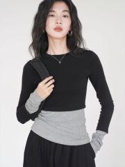 Layered contrasting color splicing fake two-piece T-shirt bottoming shirt autumn and winter new retro style top for women