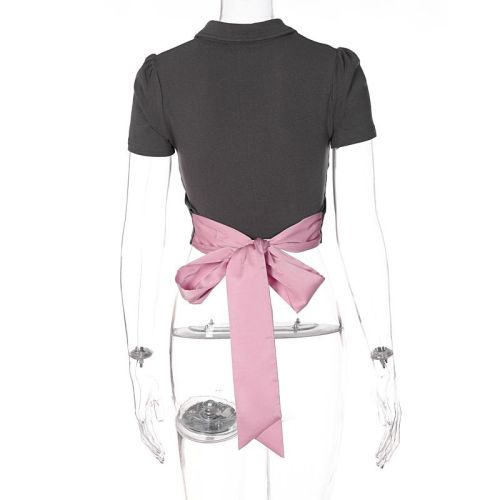 Original method, new sweet and spicy style POLO collar short-sleeved top with bow tie and navel-baring T-shirt for women