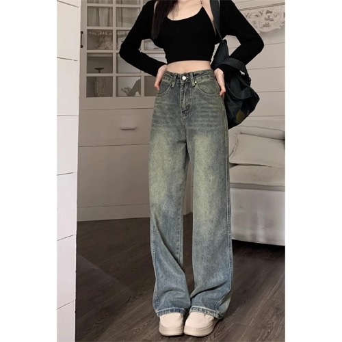 American distressed high-waisted jeans for women in autumn, washed large-size flesh-covering high-waisted wide-leg pants, slimming, loose straight-leg pants