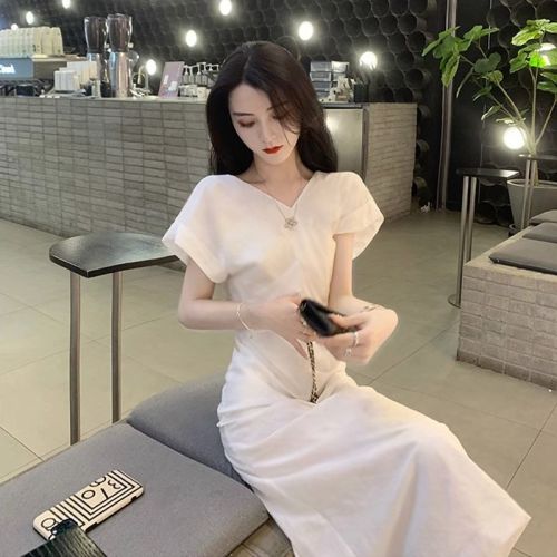 Summer small fragrant dress for women 2024 summer new niche design short-sleeved V-neck slim slim long skirt