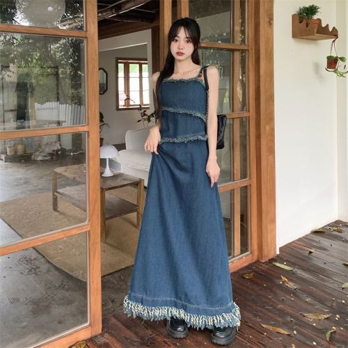 Tassel Beaded Denim Suspender Skirt Women's 2024 Autumn New Personalized Dress Long Skirt