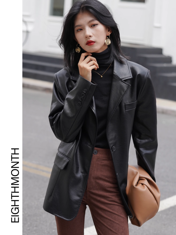 EM August black leather jacket for women spring new retro leather jacket design niche suit