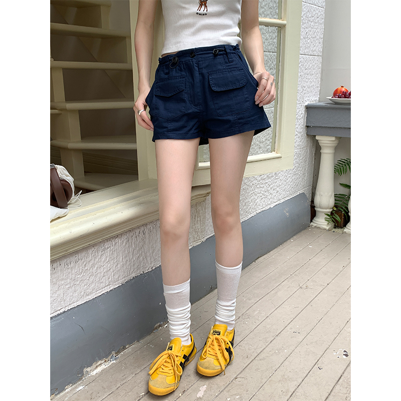 Women's Low-rise A-line HIDDEN BLUE Casual Work Pants with Elastic Waistband and Pockets, European and American Simple Design