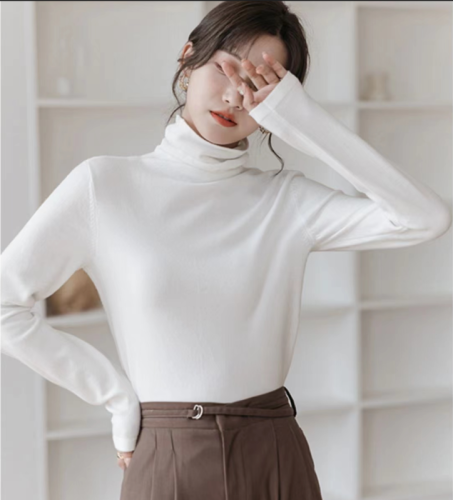 Pile collar sweater for women, autumn and winter slim long-sleeved white all-match bottoming shirt with turtleneck sweater inside