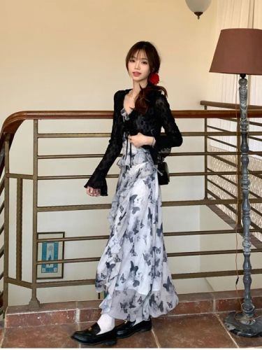 Floral Matsumoto Dress Butterfly 2024 Slim Suspender Skirt New Irregular Lotus Leaf Mint Mambo Butterfly Skirt