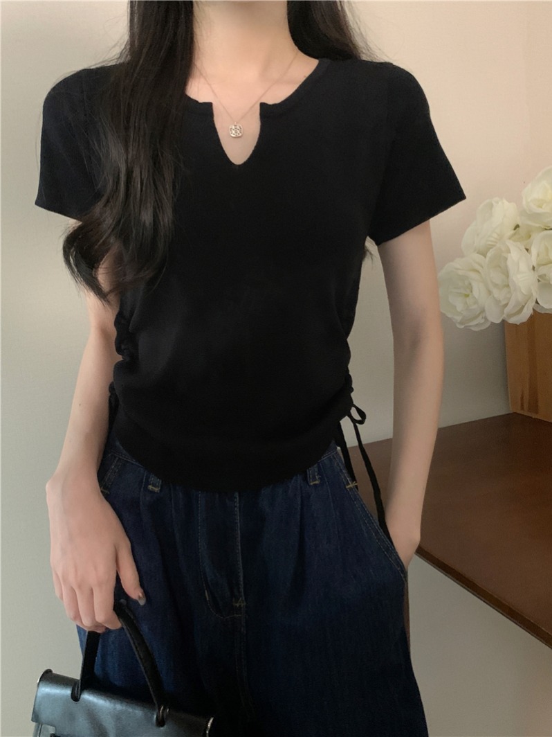 實拍 真 夏季半開領抽繩設計感針織衫短袖上衣