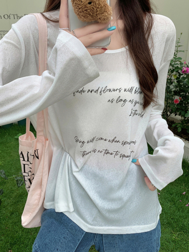 Fashionable and super popular Korean style slightly see-through thin loose long-sleeved T-shirt for women summer letter printed lazy style casual top