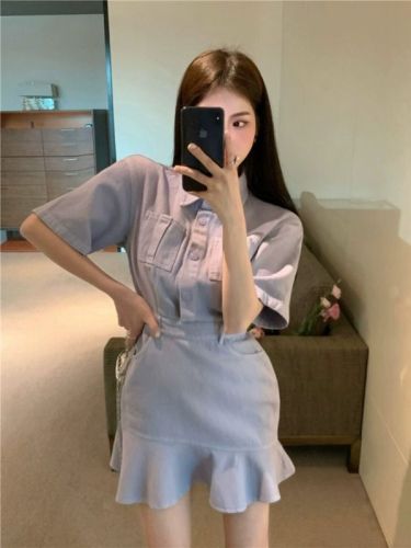 Real shot!  Denim Dress Women's Gentle Waist POLO Collar Temperament First Love Fishtail Skirt