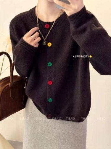 Korean age-reducing rainbow single-breasted round-neck wool knitted cardigan for early spring new lazy style niche pink sweater