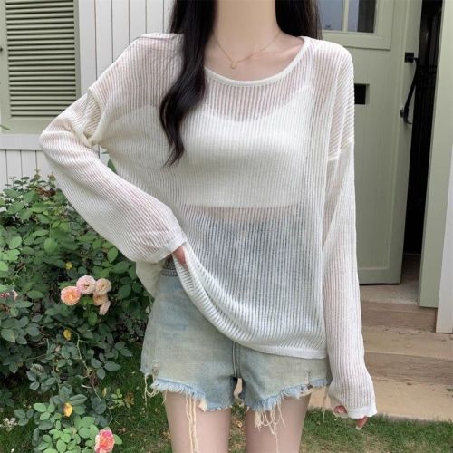 kumikumi solid color loose long-sleeved sweater women's summer new thin sun protection cover-up simple casual top