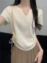 Authentic Summer Half-Open Collar Drawstring Design Knit Top for Women