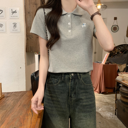 Actual shot of 220g water-soft double-sided short-sleeved T-shirt summer trend lapel embroidered right shoulder slim short top for women