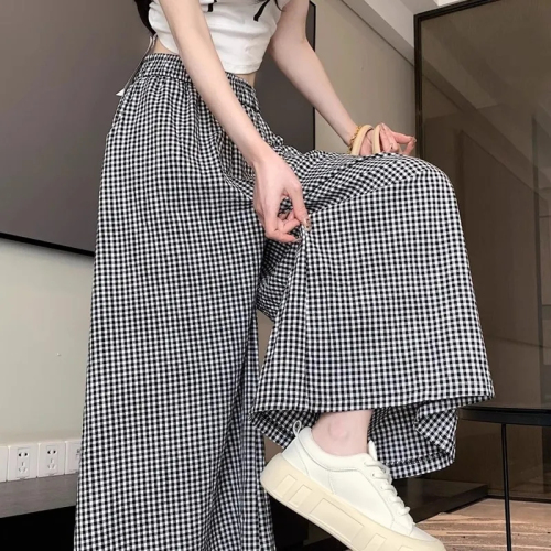 Loose and lazy style pants for women in summer, elastic waist, casual nine-point wide-leg pants, drapey A-line wide-swing flared pants