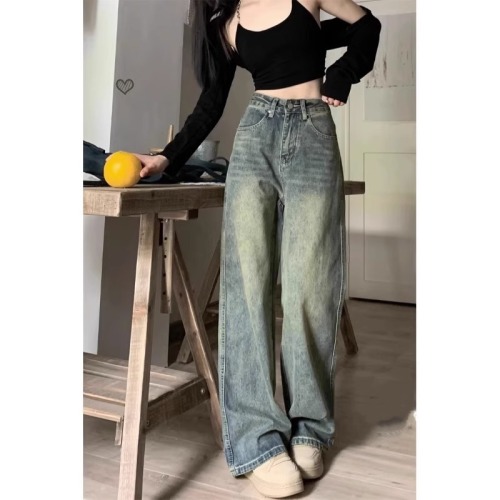 American distressed high-waisted jeans for women in autumn, washed large-size flesh-covering high-waisted wide-leg pants, slimming, loose straight-leg pants