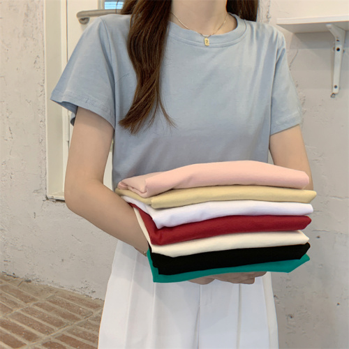 100% cotton short-sleeved loose casual basic candy solid color short top ins trend