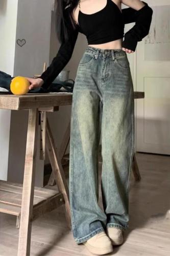 American distressed high-waisted jeans for women in autumn, washed large-size flesh-covering high-waisted wide-leg pants, slimming, loose straight-leg pants