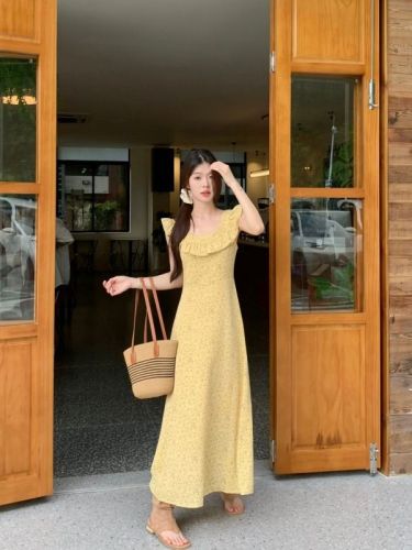 Actual shot 2024~The Past in Southern France Yellow Floral Strap Dress Women's Summer A-Line Waist Slimming Long Dress